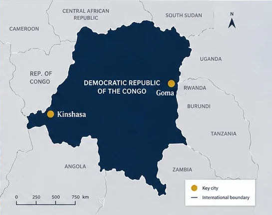 Illustrative map of DRC with Kinshasa and Goma